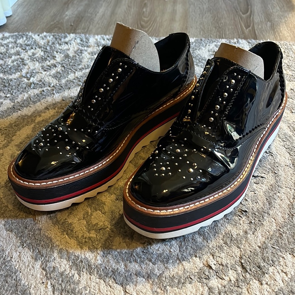 Zara Black Patent Leather Platform Slip On Shoes